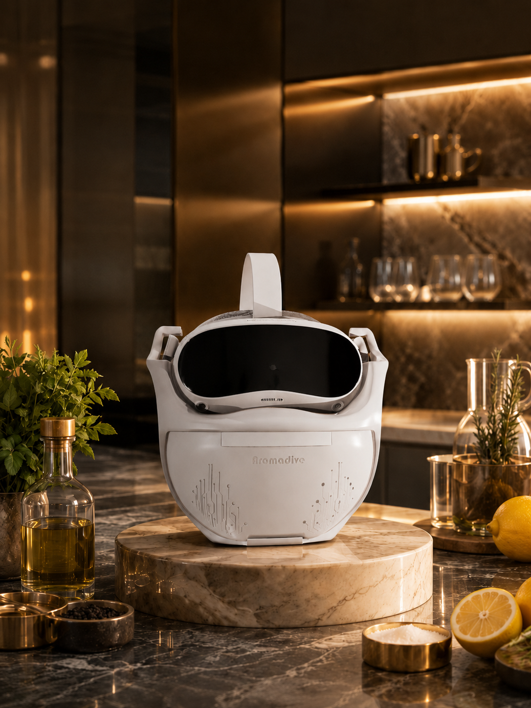 The Aromadive kit attached to a VR headset, resting on a marble counter in a professional kitchen