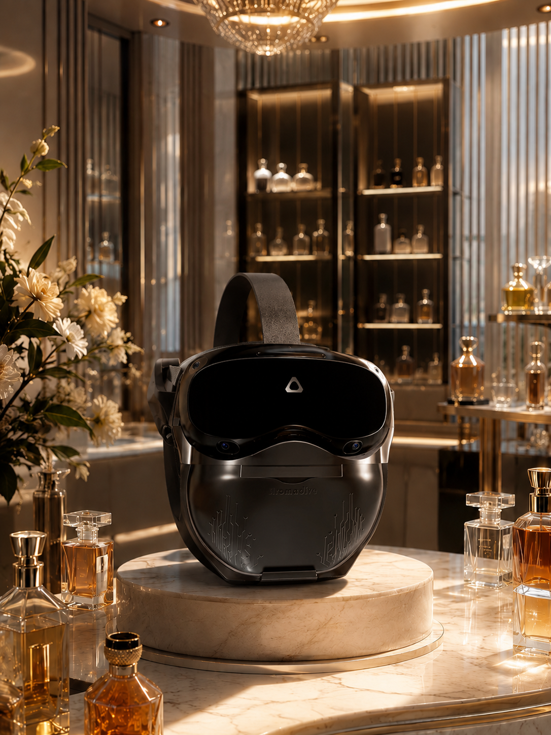 Le kit Aromadive fixé sous un casque VR, présenté sur un socle de marbre dans une boutique de parfums